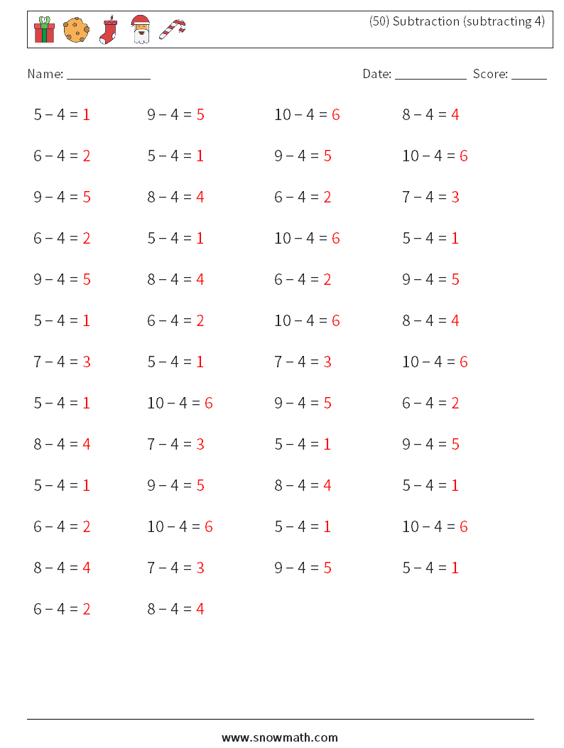 (50) Subtraction (subtracting 4) Math Worksheets 1 Question, Answer