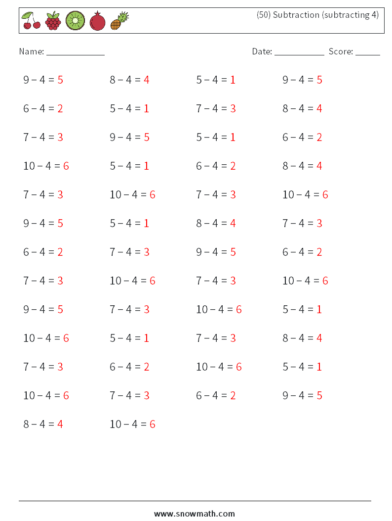 (50) Subtraction (subtracting 4) Math Worksheets 2 Question, Answer