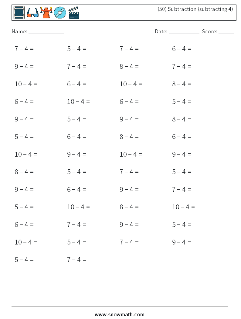 (50) Subtraction (subtracting 4) Maths Worksheets 4