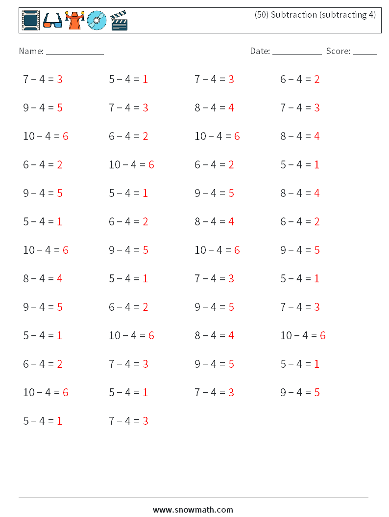 (50) Subtraction (subtracting 4) Math Worksheets 4 Question, Answer