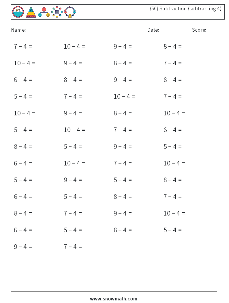 (50) Subtraction (subtracting 4) Maths Worksheets 5