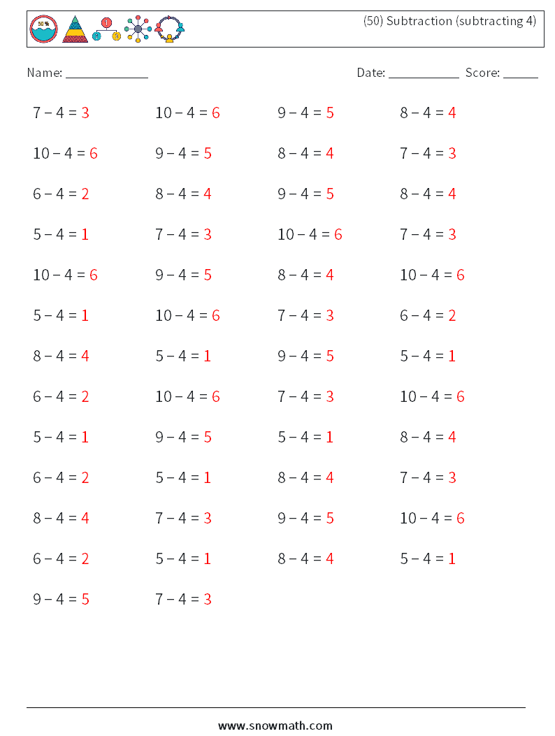 (50) Subtraction (subtracting 4) Math Worksheets 5 Question, Answer