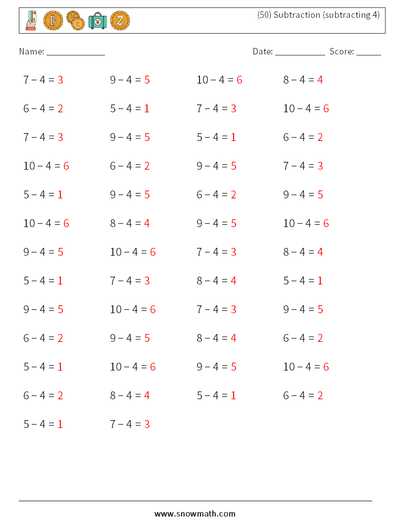 (50) Subtraction (subtracting 4) Math Worksheets 6 Question, Answer