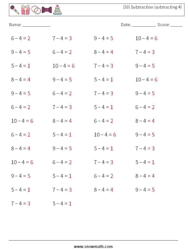 (50) Subtraction (subtracting 4) Math Worksheets 7 Question, Answer