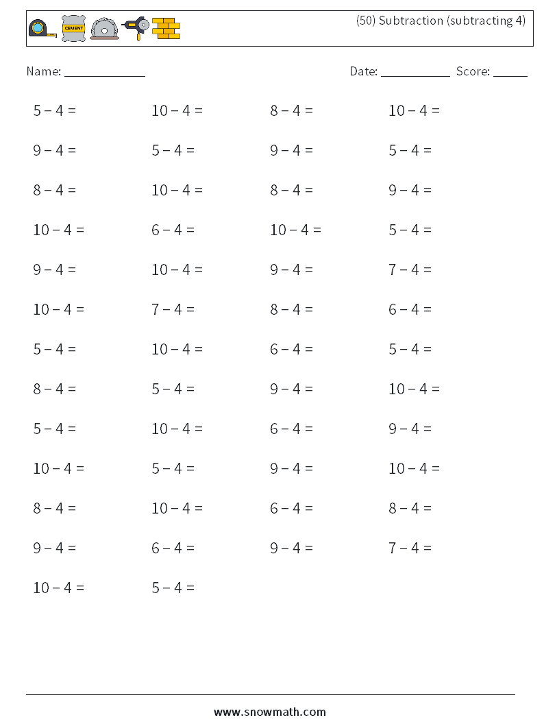 (50) Subtraction (subtracting 4) Maths Worksheets 8