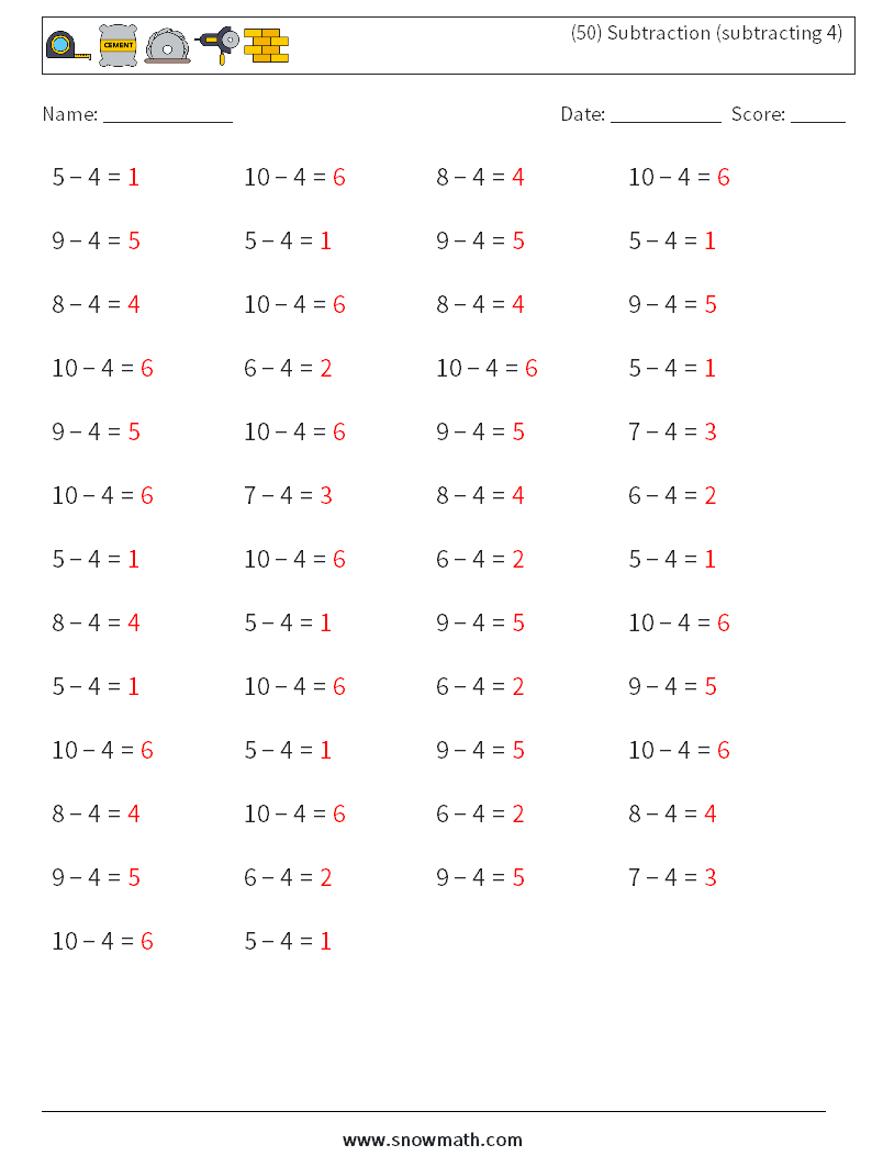(50) Subtraction (subtracting 4) Math Worksheets 8 Question, Answer
