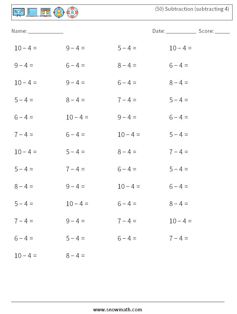 (50) Subtraction (subtracting 4) Math Worksheets 9