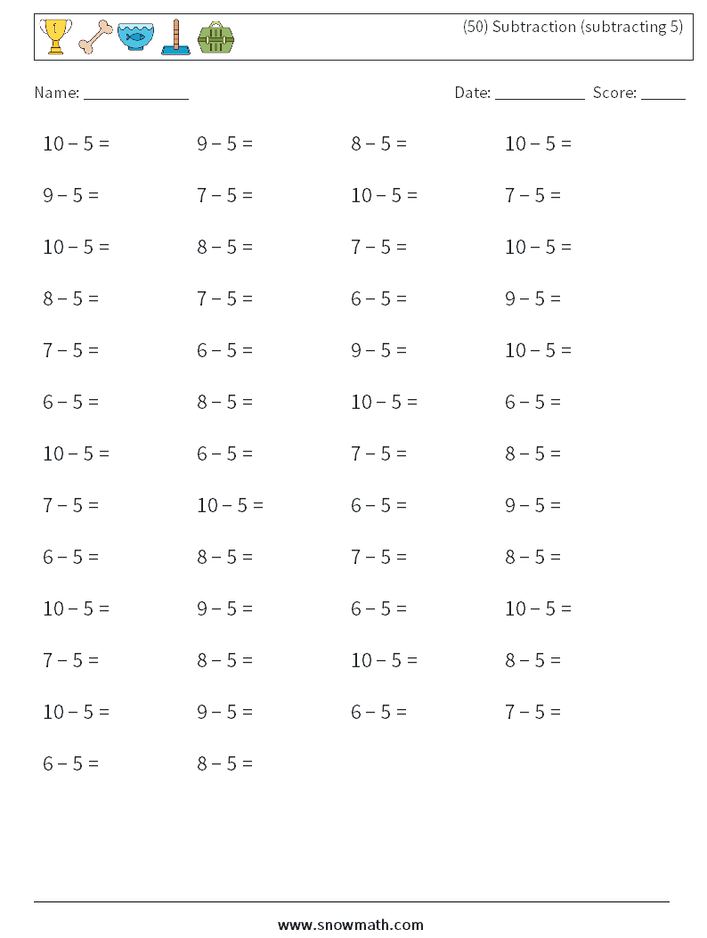 (50) Subtraction (subtracting 5) Math Worksheets 2