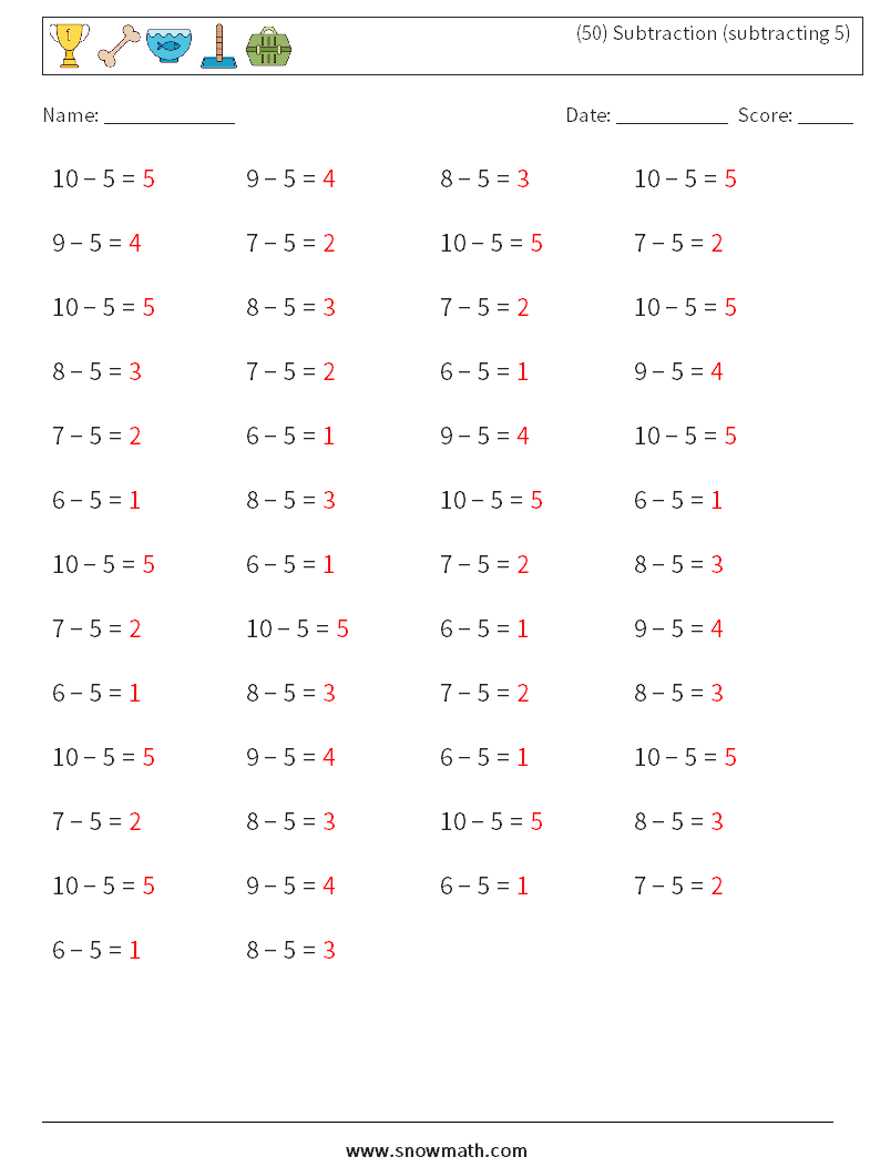 (50) Subtraction (subtracting 5) Math Worksheets 2 Question, Answer