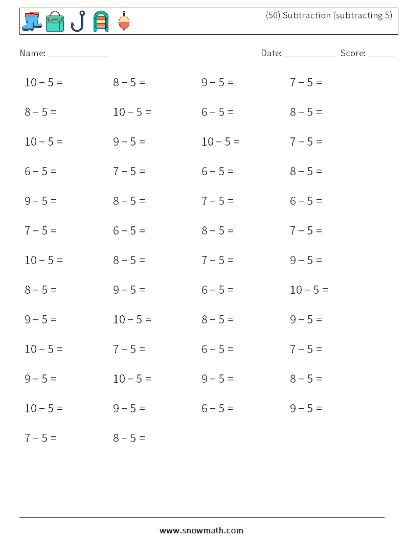 (50) Subtraction (subtracting 5) Maths Worksheets 5