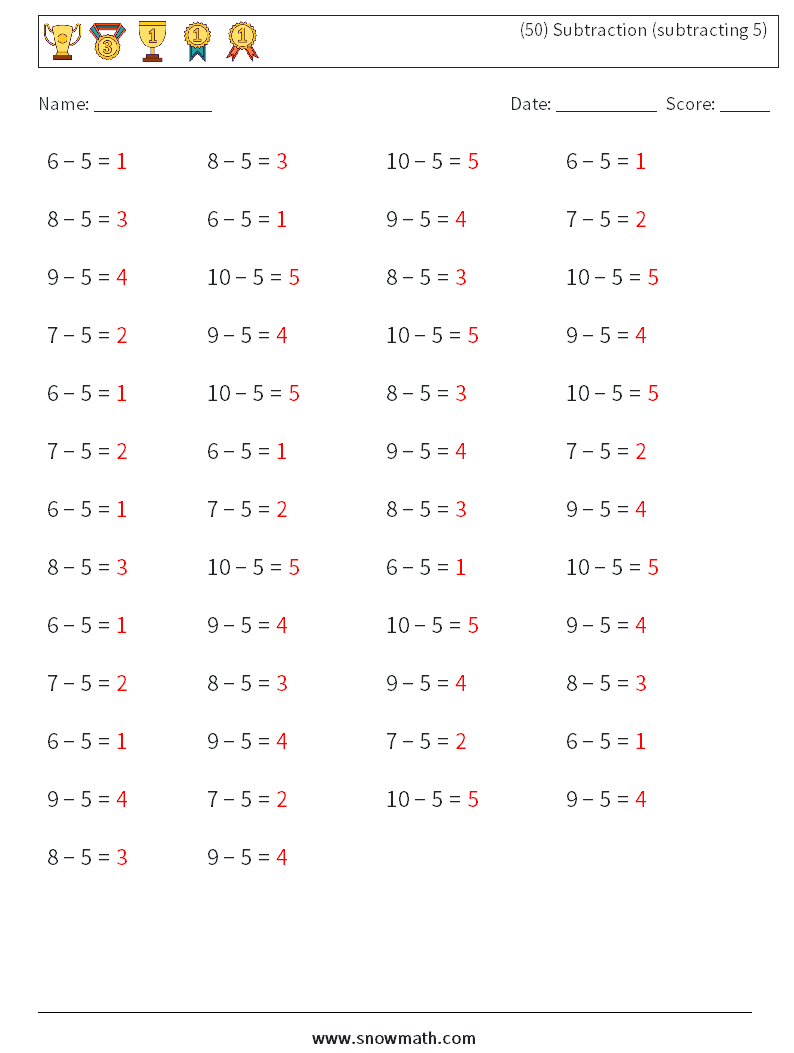 (50) Subtraction (subtracting 5) Math Worksheets 7 Question, Answer