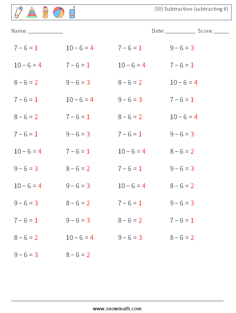 (50) Subtraction (subtracting 6) Math Worksheets 1 Question, Answer