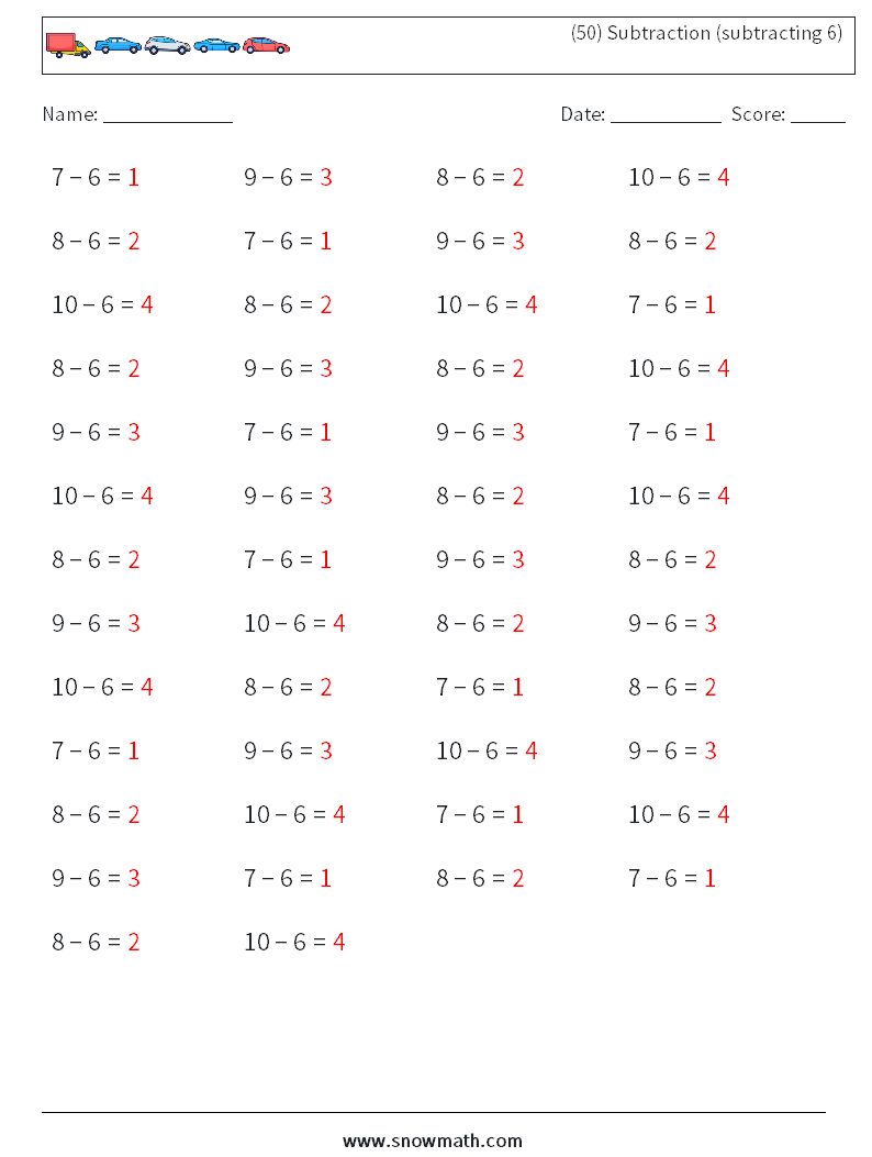 (50) Subtraction (subtracting 6) Math Worksheets 2 Question, Answer
