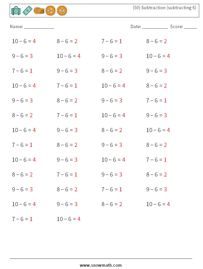 (50) Subtraction (subtracting 6) Math Worksheets 3 Question, Answer