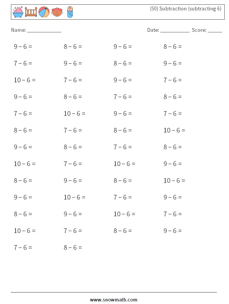 (50) Subtraction (subtracting 6) Math Worksheets 4