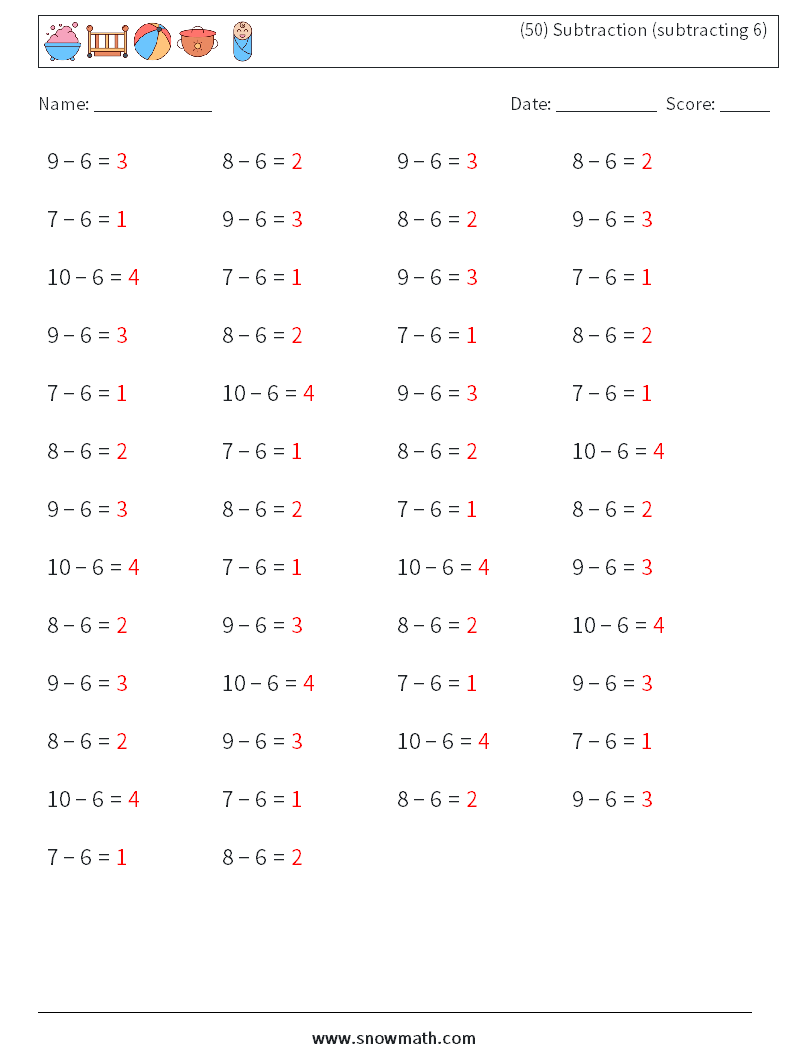 (50) Subtraction (subtracting 6) Math Worksheets 4 Question, Answer