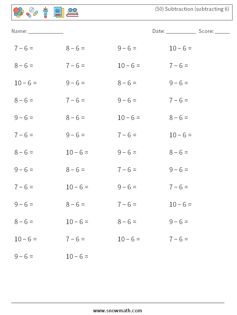 (50) Subtraction (subtracting 6) Math Worksheets 7