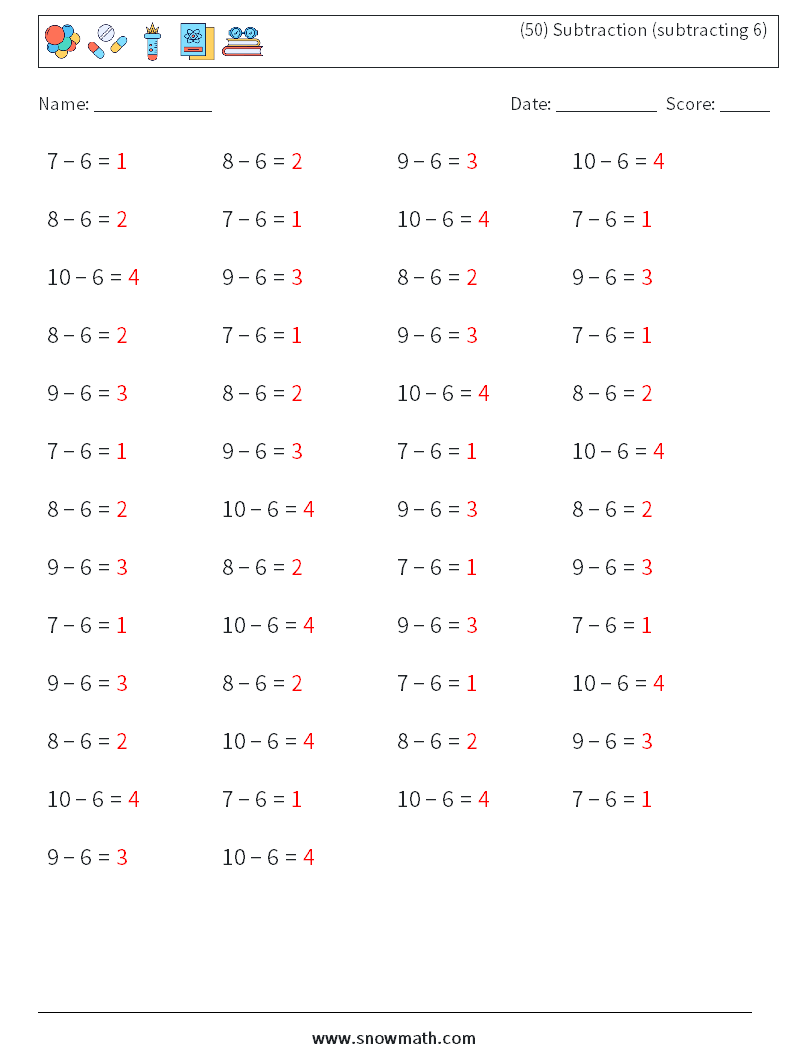 (50) Subtraction (subtracting 6) Math Worksheets 7 Question, Answer