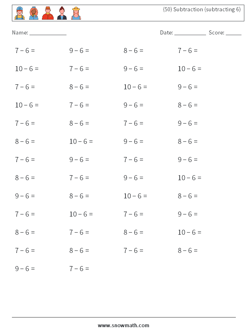 (50) Subtraction (subtracting 6) Math Worksheets 8