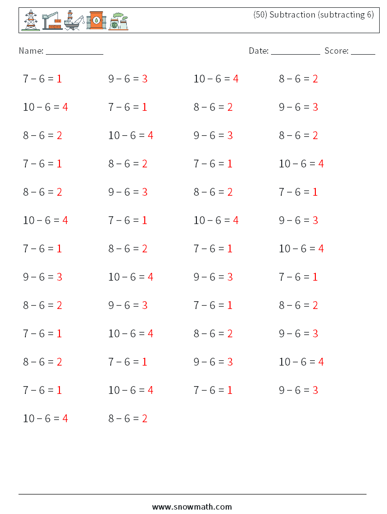 (50) Subtraction (subtracting 6) Math Worksheets 9 Question, Answer