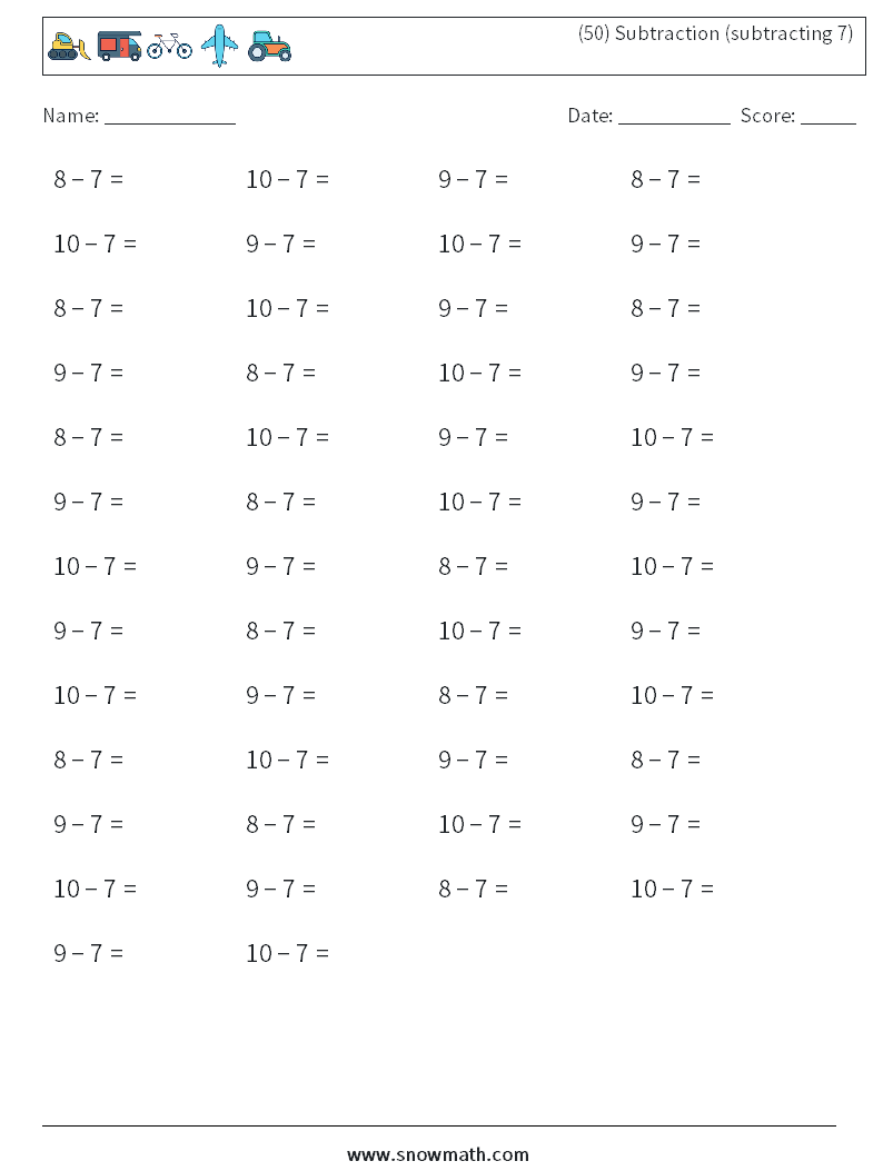 (50) Subtraction (subtracting 7) Math Worksheets 2