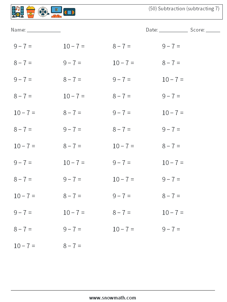 (50) Subtraction (subtracting 7) Math Worksheets 4