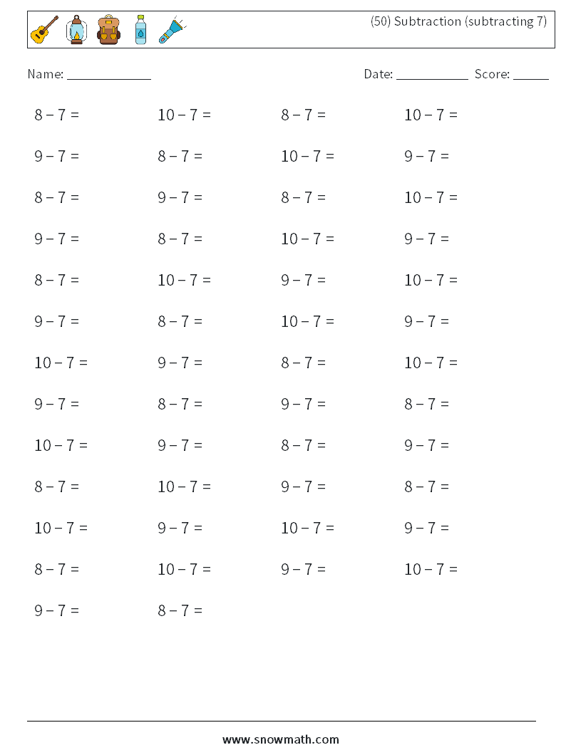 (50) Subtraction (subtracting 7) Math Worksheets 5