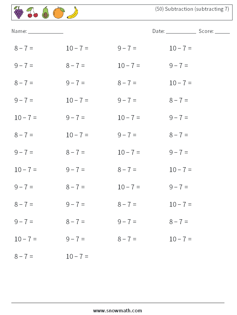 (50) Subtraction (subtracting 7) Maths Worksheets 6