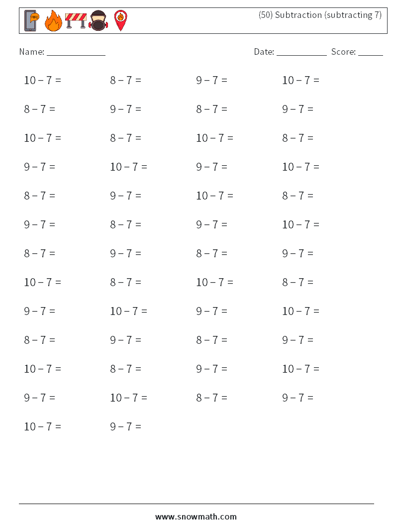 (50) Subtraction (subtracting 7) Math Worksheets 7
