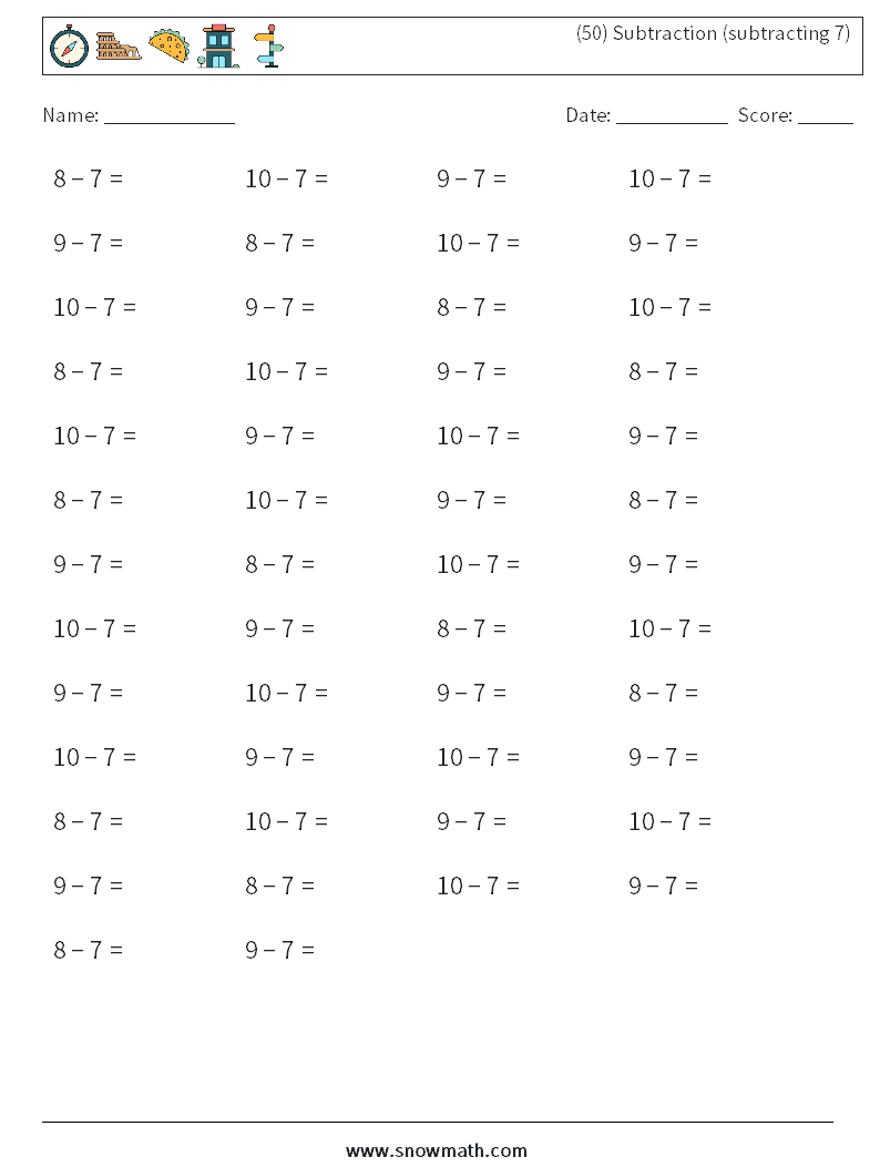 (50) Subtraction (subtracting 7) Maths Worksheets 8