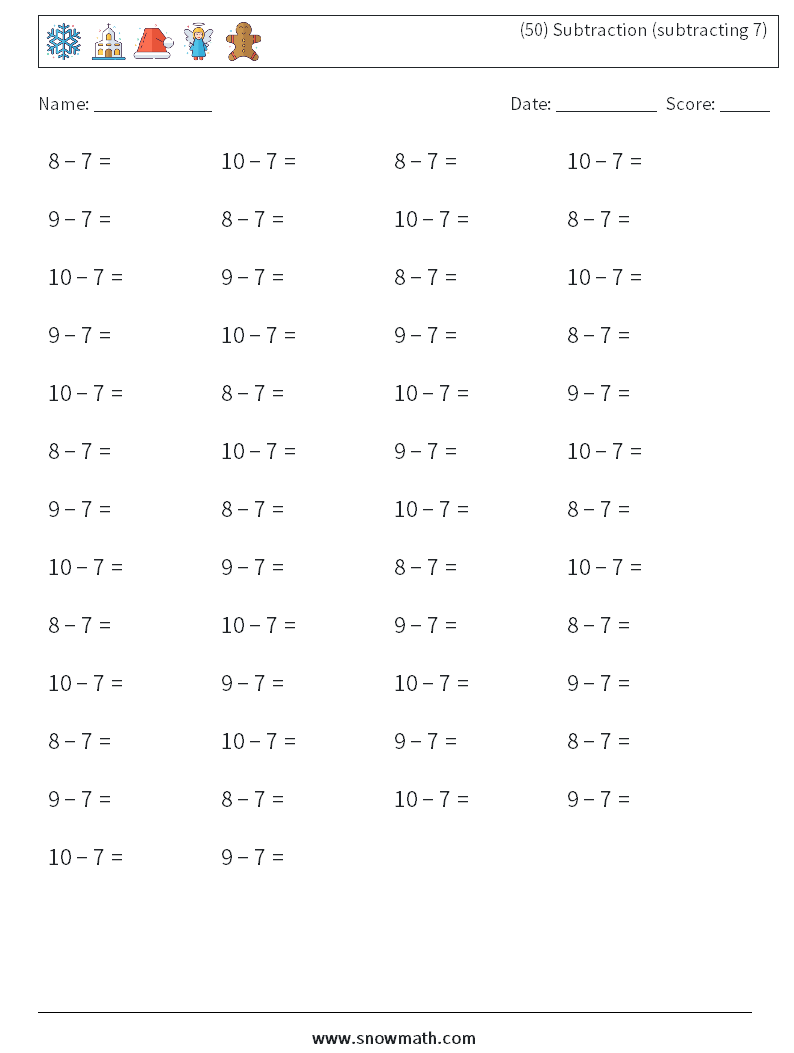 (50) Subtraction (subtracting 7) Maths Worksheets 9