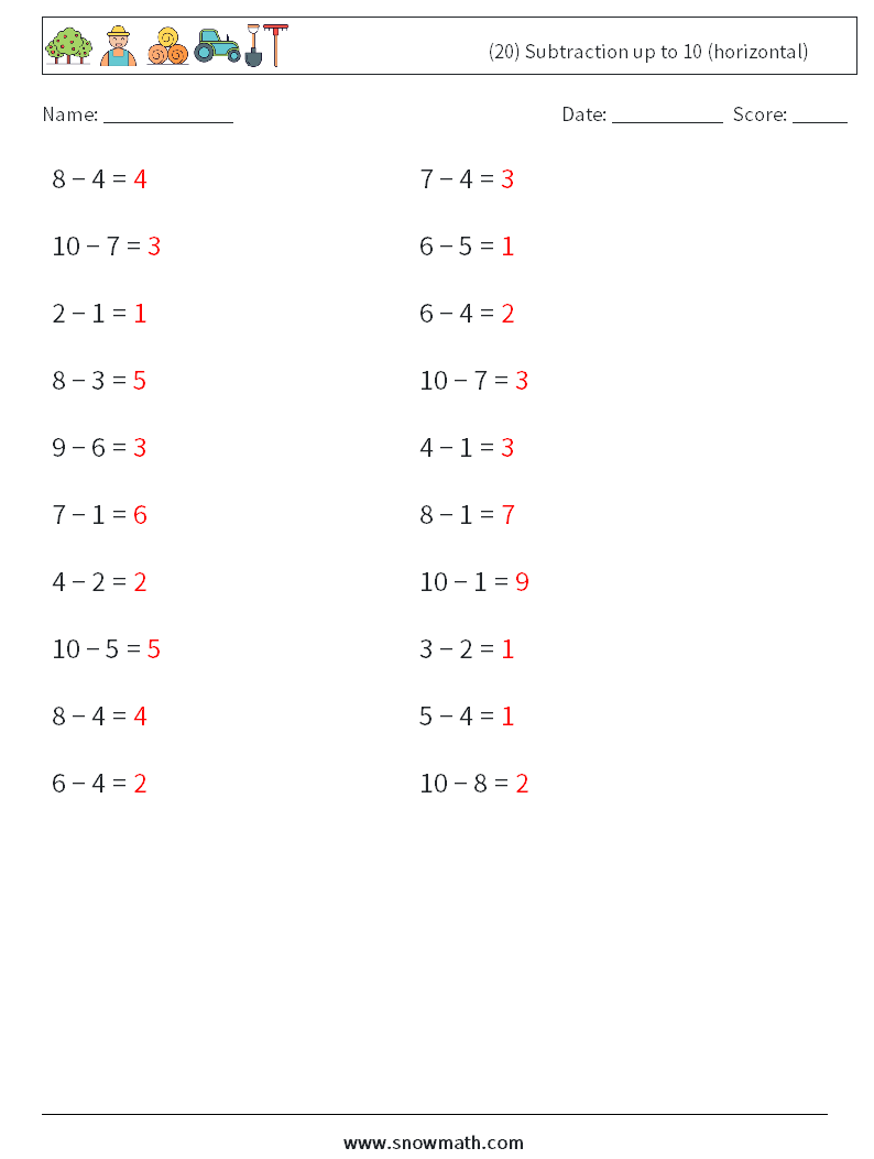 (20) Subtraction up to 10 (horizontal) Math Worksheets 1 Question, Answer