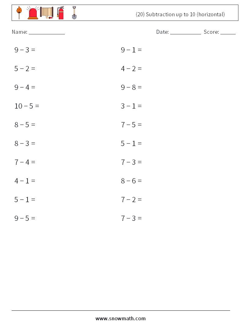 (20) Subtraction up to 10 (horizontal) Math Worksheets 2