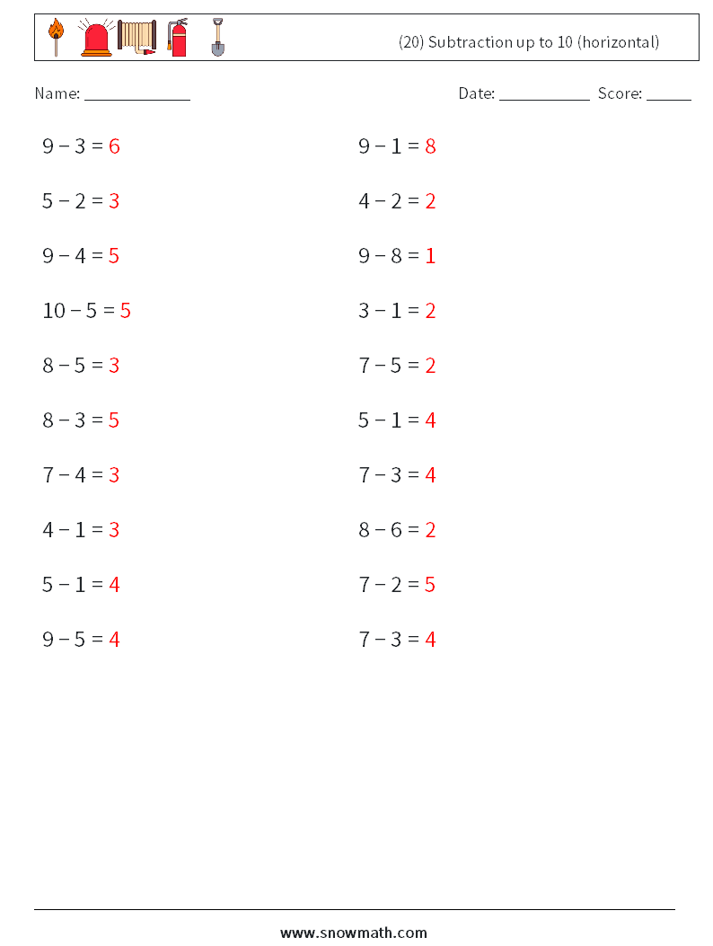 (20) Subtraction up to 10 (horizontal) Math Worksheets 2 Question, Answer