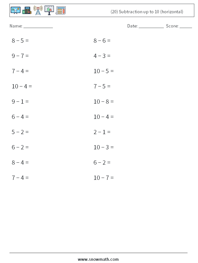 (20) Subtraction up to 10 (horizontal) Math Worksheets 3