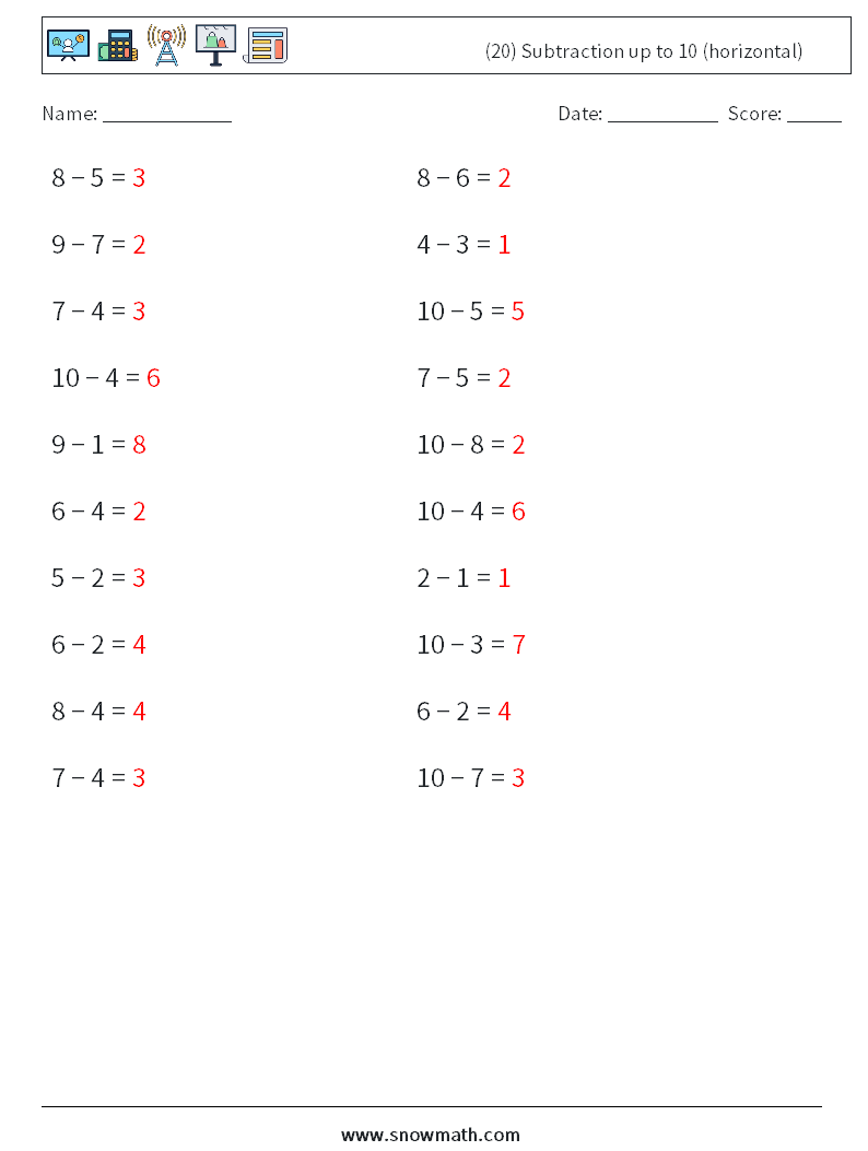 (20) Subtraction up to 10 (horizontal) Math Worksheets 3 Question, Answer