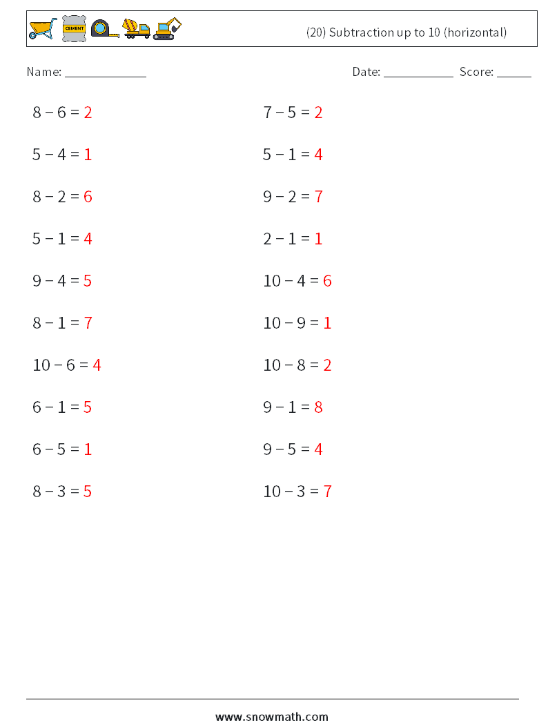 (20) Subtraction up to 10 (horizontal) Math Worksheets 4 Question, Answer