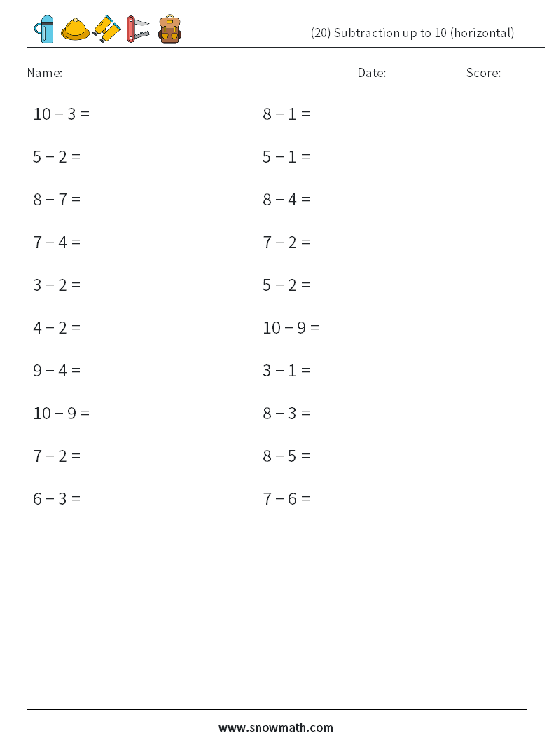 (20) Subtraction up to 10 (horizontal) Maths Worksheets 5