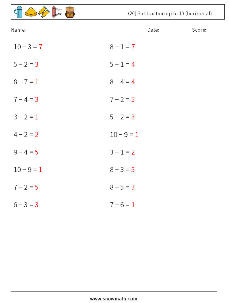 (20) Subtraction up to 10 (horizontal) Math Worksheets 5 Question, Answer