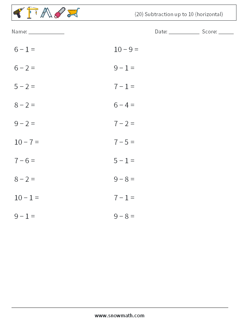 (20) Subtraction up to 10 (horizontal) Maths Worksheets 6