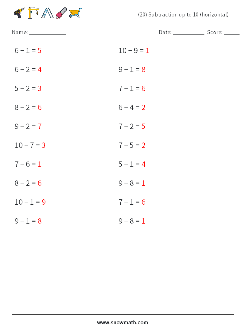 (20) Subtraction up to 10 (horizontal) Math Worksheets 6 Question, Answer