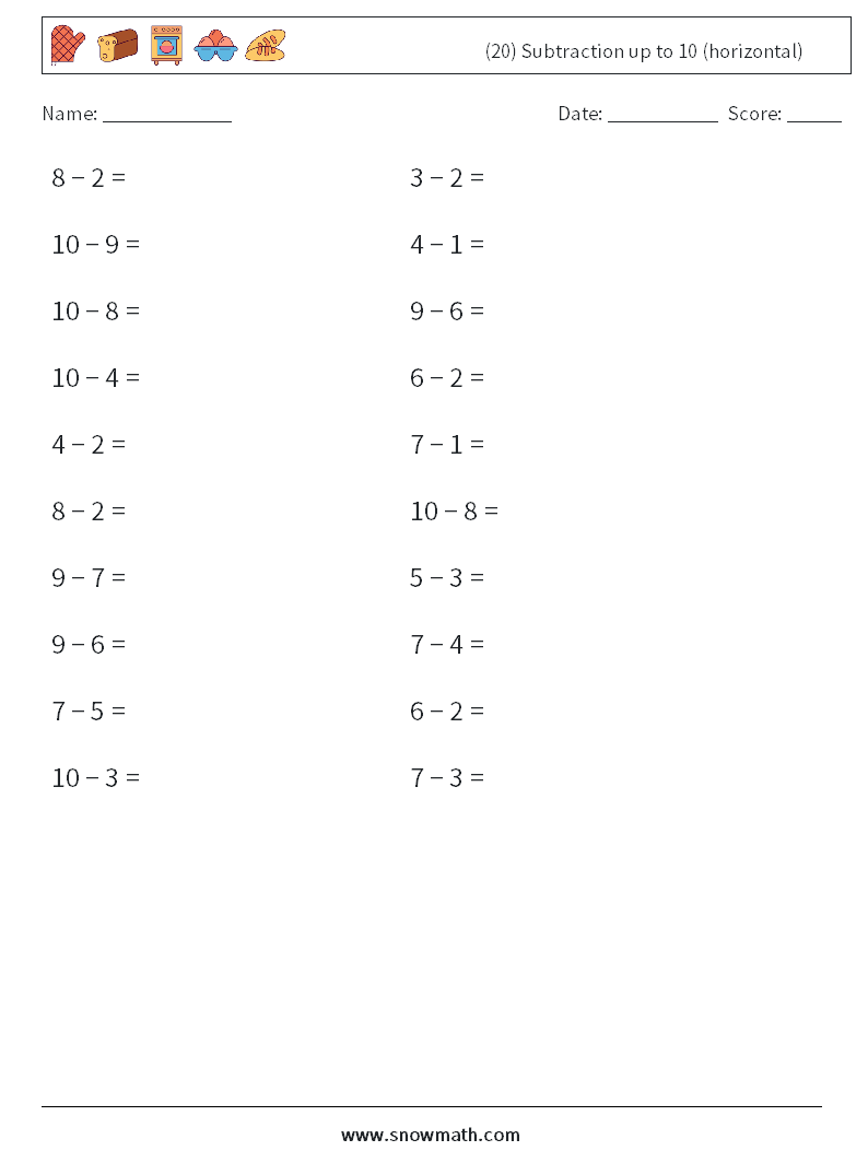 (20) Subtraction up to 10 (horizontal) Math Worksheets 7