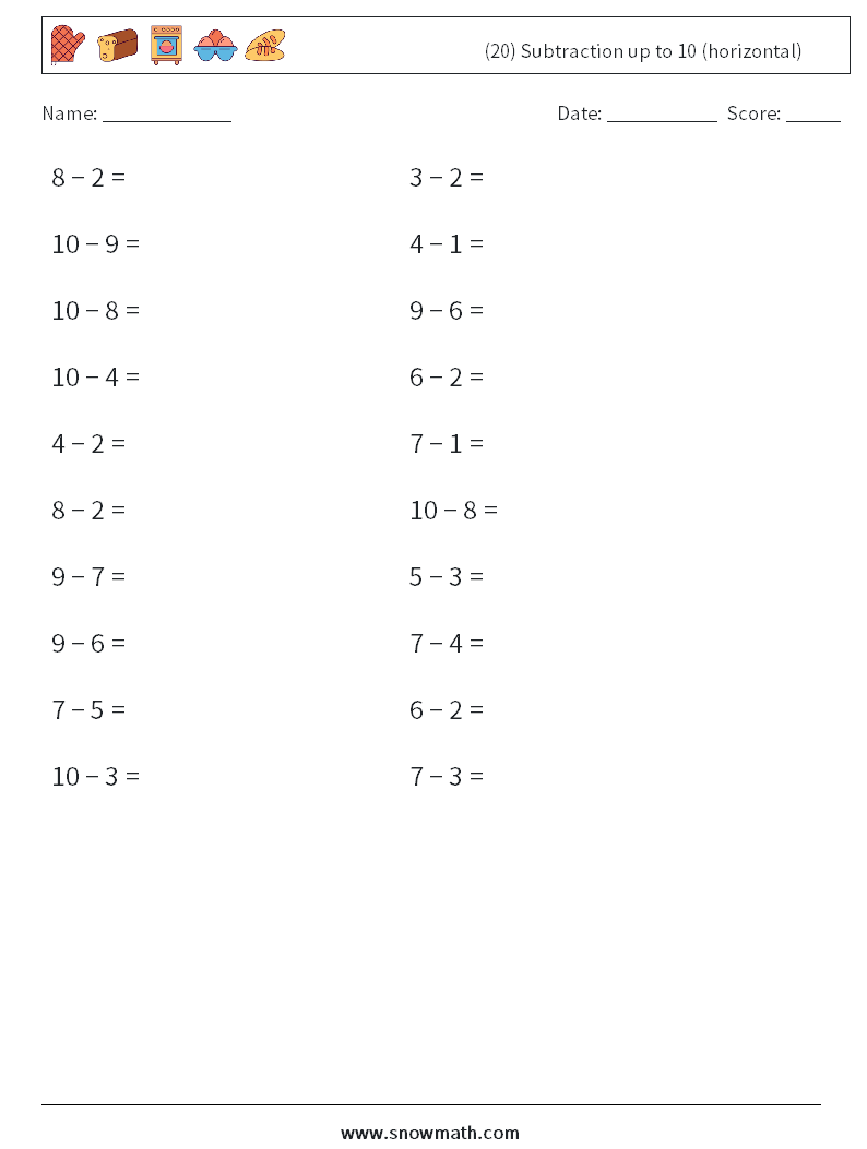 (20) Subtraction up to 10 (horizontal) Maths Worksheets 7