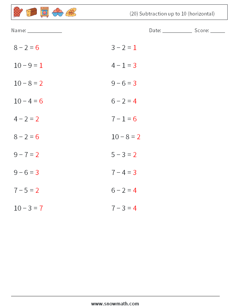 (20) Subtraction up to 10 (horizontal) Math Worksheets 7 Question, Answer