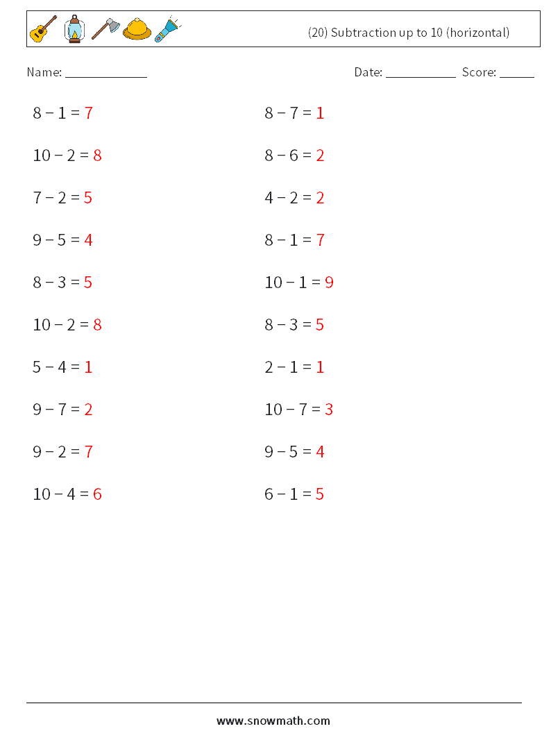 (20) Subtraction up to 10 (horizontal) Math Worksheets 8 Question, Answer