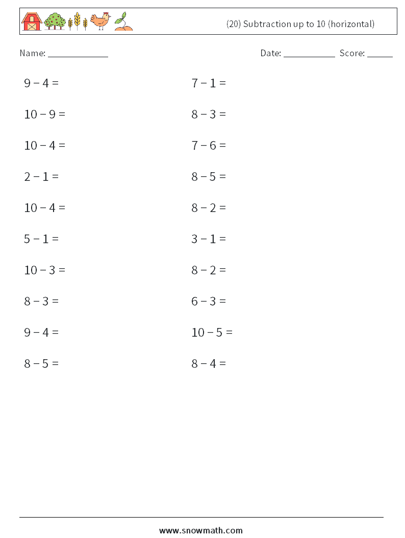 (20) Subtraction up to 10 (horizontal) Math Worksheets 9