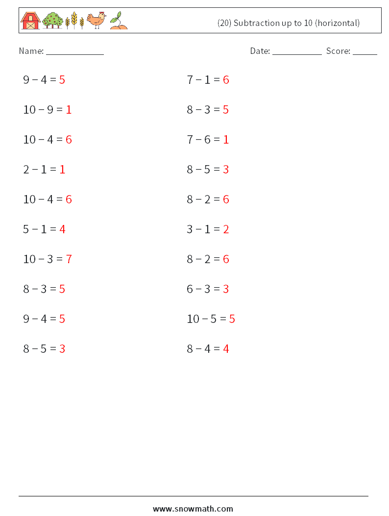 (20) Subtraction up to 10 (horizontal) Math Worksheets 9 Question, Answer