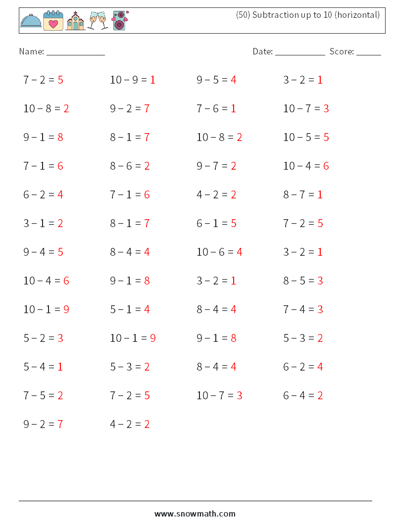 (50) Subtraction up to 10 (horizontal) Math Worksheets 1 Question, Answer