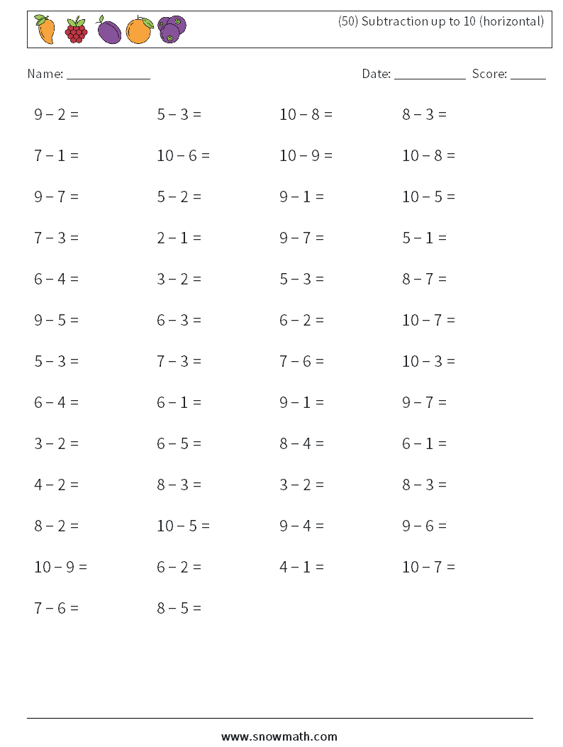 (50) Subtraction up to 10 (horizontal) Maths Worksheets 2