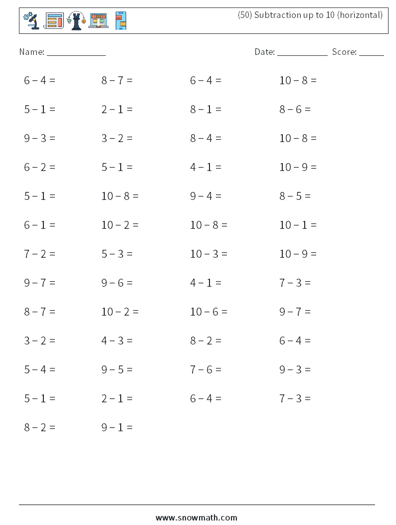 (50) Subtraction up to 10 (horizontal) Maths Worksheets 6